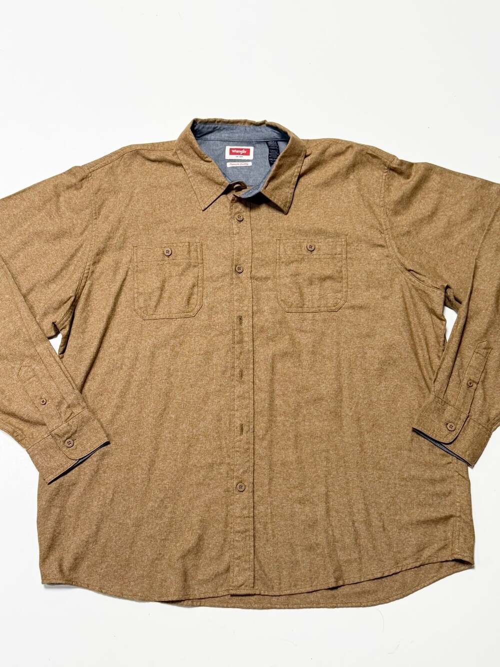 Wrangler Premium Quality Men's XXL Flannel Button Up Shirt Tan Brown Heather Lon